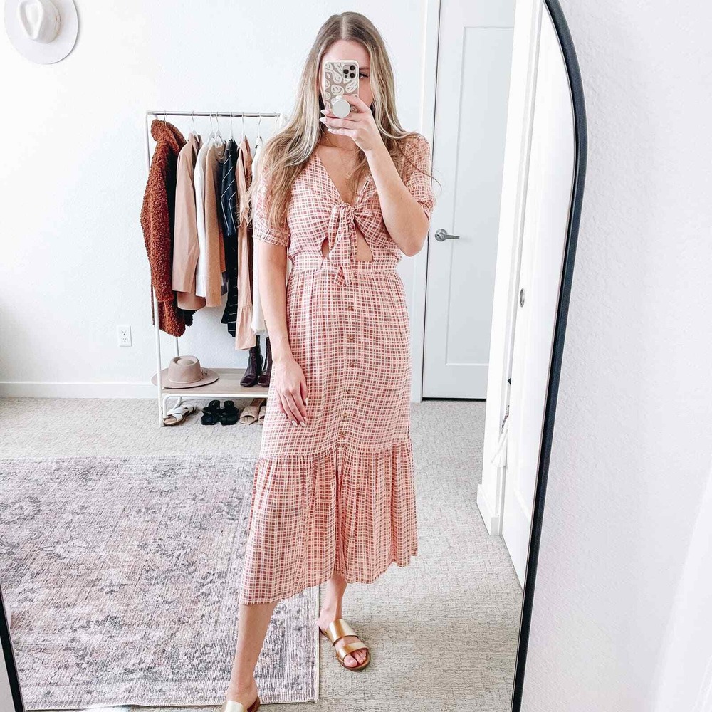 Faithful‎ the Brand Revolve Maple Pink Plaid Cut Out Midi Dress 2 - Picture 2 of 15